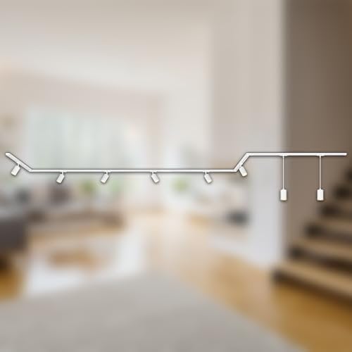 BRILONER - Schienensystem Rail Komplettset, 6x GU10 Spots schwenkbar, 2x GU10 Pendel, Cap-Form/Stairs-Form, Lichtschienensystem Decke, Strahler Schiene, Deckenlampe, Spotlight, 5,25m, Weiß