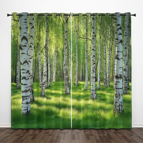 CEDNXOER Vorhänge Blickdicht 3D Druck Natur Wald Verdunkelungsvorhang Für Kinderzimmer, Birkenwald Fensterdekoration Gardinen Mit Ösen H 175 x B 140 cm 2 Stücke Schallschutz Vorhang