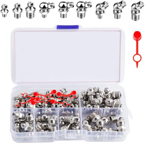 YUNXCNA Schmiernippel Sortiment Kit, M6 M8 M10 Metrisch Fettnippel Sortiment Kit, 60 Stück Schmiernippel Kit, Hydraulik Fettnippel mit 10 Stück Kunststoff Fettfitting Kappe, Für Schmierpressen