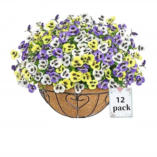 12 Bundles Artificial Flowers Outdoors Pansy Plants Fake Flowers Decor Eucalyptus Artificial Grass Shrubs Bushes UV Resistant Plastic Flowers Fern for Garden Porch Home (Yellow+white+purple)