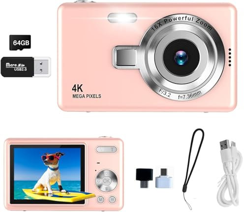 Digital Camera 2.7K FHD 50MP with 2.4 LCD Screen,16X Digital Zoom, Compact Portable Vlogging Camera with 64G SD Card and Android Huawei OTG Adapter for Kids Teen Students Beginner (Pink)