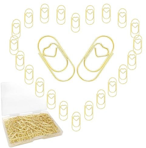 WUGAUWOR 150 Stück Herzförmige Büroklammern - 20mm Gold Büroklammer, Dekorative Klammern aus Edelstahl für Büro, Handwerk & Geschenke mit Aufbewahrungsbox