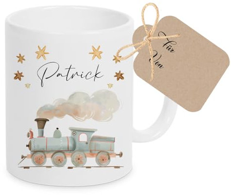 Manufaktur Liebevoll Tasse mit Namen Kinder Kindertasse mit Namen Becher Keramik Mädchen Junge Namenstasse Eisenbahn Geschenk