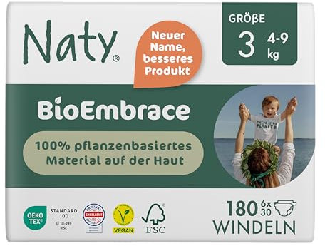 Naty BioEmbrace Baby Windeln Größe 3 (4–9 kg) | 100% pflanzenbasierte Materialien auf der Haut | Atmungsaktive Weichheit, dermatologisch getestet, exzellente Saugkraft | 180 Stück