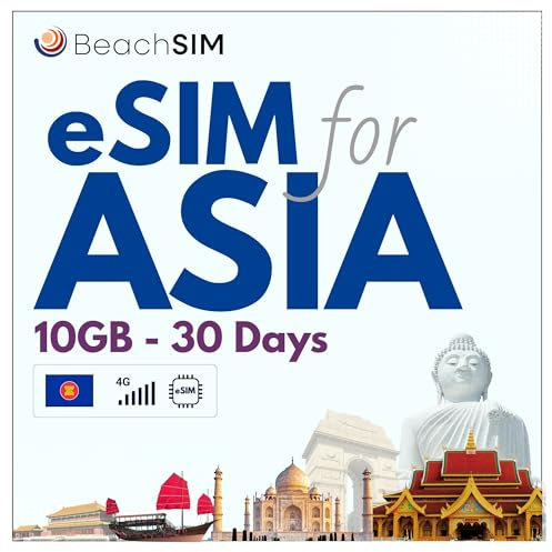 BeachSIM Asien eSIM 30 Tage. 10 GB Daten bei 4G/5G-Geschwindigkeit. Nur Daten SIM. Freies Roaming in Indonesien, den Philippinen, Thailand und 9+ Ländern in Asien.