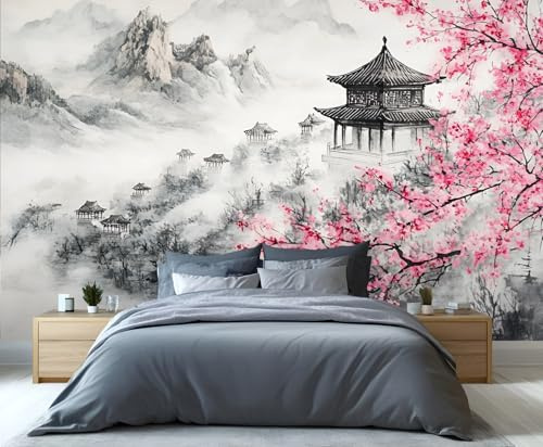 YXQAIED Japanese Wallpaper, Pink Cherry Blossoms Wallpaper for Living Room, Ink Painting Bedroom Wallpapers, 3D Large Mural & Kitchen Decor Poster (Not Peel and Stick)