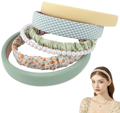 Songella Bandeaux de Cheveux Serre Tete Style Satiné Perle Fleurs Couleurs Pures Bijoux de Cheveux à la Mode 6 Pièces pour Femme Fille (Vert, one size)