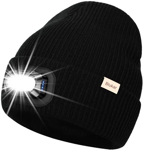 Blukar LED Beanie Beleuchtete Mütze mit Licht, 2 in 1 Extrem Helle Laufmütze mit Lampe, 5 Lichtmodi, Wiederaufladbar, Winter Warme Stirnlampe Geschenke für Damen Herren, inkl. Stirnband