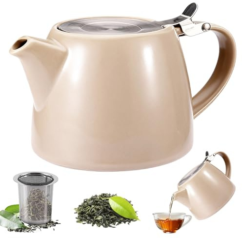 Teekanne mit Siebeinsatz, 500ML Teekanne Keramik Schwarz, Porzellan Tea Pot, Tee Zubehör - Teezubereiter für Losen Tee Isoliert und Tropffrei, Langanhaltende Wärme teingut (Kamel)