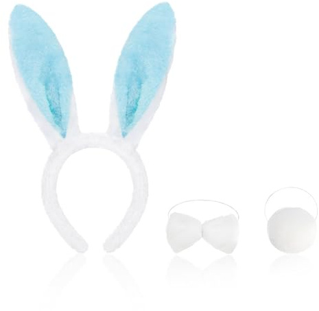Hasenohren Haarreif Set, Plüsch Hasen Ohren Haarreif, Osterhasen Ohren Haarreifen, Hasenohren Stirnband, Bunny Ears Headband, mit Fliege Hasenschwanz, für Ostern Cosplay Cute Osterhasen Kostüm (Blau)