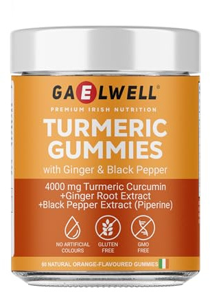 Gaelwell Turmeric Gummies with Ginger & Black Pepper – 4000mg Turmeric Curcumin per Serving – Joint & Mobility Support – Sugar Free, Gluten Free, Vegetarian, 60 Orange Gummies