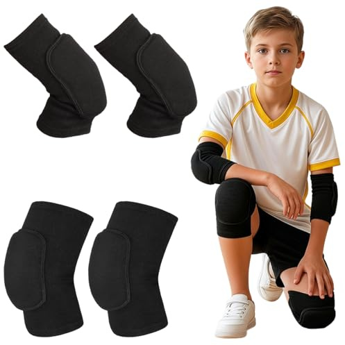 2 Paar Knieschoner Handball Kinder und Ellbogenschützern, Knieschützer | Weiches Verdickung Volleyball Schoner für Handballtraining, Scooter,Fußball, Tanzen, Elastische Kollision Vermeidung, Schwarz