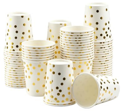 Cents matter 75 Pcs 250ml/9oz Paper Cups Party Cupss, Polka Dot Paper Cups for Hot Drinks and Cold Drinks, for Wedding Birthday Confirmation Decorations(White and Gold)