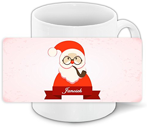 Tasse mit Namen Janosch und modernem Nikolaus-Motiv mit Brille und Pfeife - Tasse zu Weihnachten
