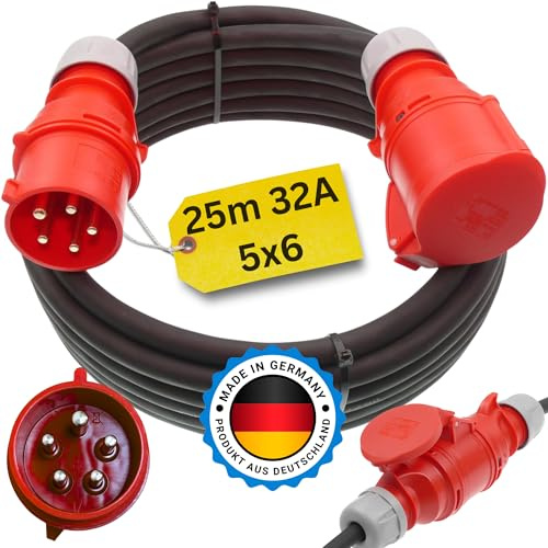 netbote24 Starkstromkabel 32A 25m H07RN-F 5x6 Starkstrom Verlängerungskabel CEE Verlängerung 32 Ampere Kabel 5x6mm2 Baustelle Werkstatt Industrie Geeignet Outdoor IP44 Spritzwassergeschütz