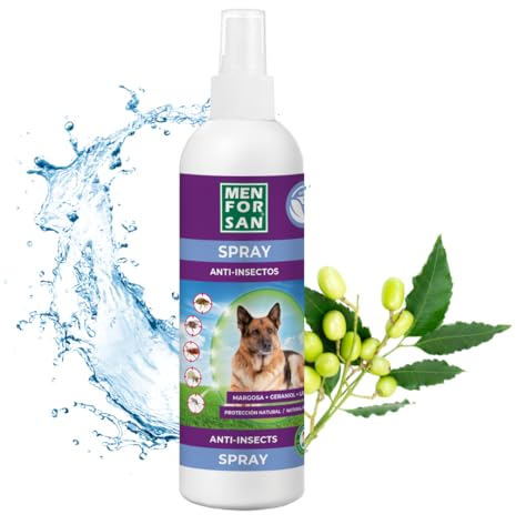 MENFORSAN Spray Anti-Insectos Repelente para Perros, con 3 Activos Naturales: Margosa, Geraniol y Lavandino, Protege contra Insectos, 250ml, El embalaje puede variar