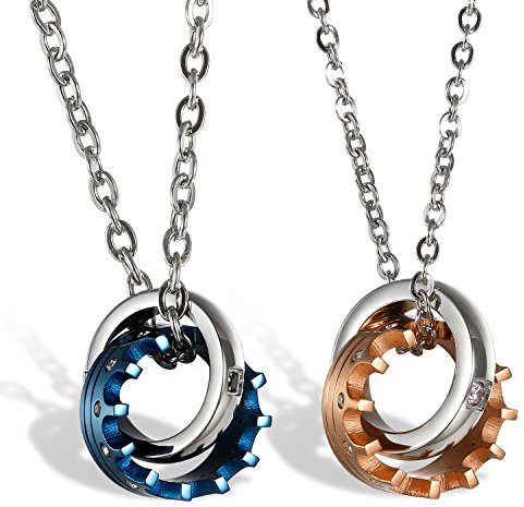 JewelryWe Valentinstag Schmuck 2 Freundschaftsketten Krone Ring Edelstahl Partner Anhänger mit 45cm und 54cm Kette, Halskette für Damen & Herren, Gold Schwarz Silber, kostenlos Gravur