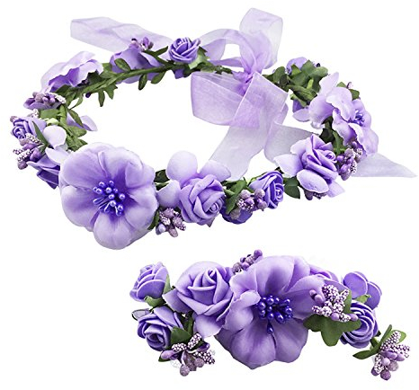Frauen Mädchen Blumenkranz Blumenstirnband Blumenkrone Haarkranz Garland Halo mit Floral-Handgelenk-Band für Braut Fotografie Hochzeit Festival Violett