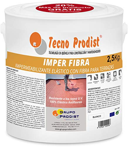 IMPER FIBRA de Tecno Prodist - (2,5 Kg, BLANCO) Pintura Terrazas Impermeabilizante y elástica con Fibras Incorporadas - Gran cubrición - (A Rodillo o brocha, disponible en color rojo o blanco)