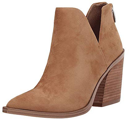 FISACE Damen-Stiefeletten mit spitzem Zehenbereich, gestapelt, mittelhoher Absatz, V-Ausschnitt, Reißverschluss hinten, Kunstleder, braun, 38 EU
