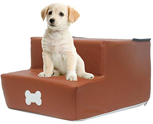 PJDDP Haustiertreppe Katzentreppe Hundetreppe Aus Leder Einstiegshilfe Faltbar,Abnehmbar, 2-Stöckig, Waschbar, Tragbar, Für Kleine Hunde Katzen Kleiner Als 5 Kg,30X35x20cm,Braun