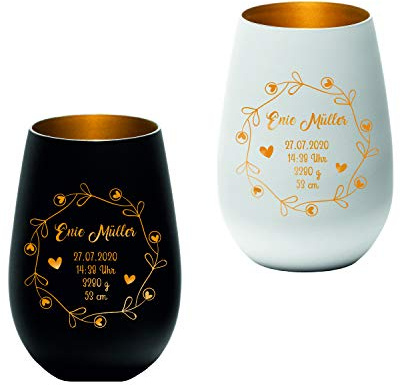 Windlicht mit Lasergravur personalisiert - weiß - schwarz - Geschenk zur Geburt - Babyparty