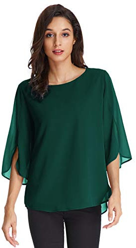 GRACE KARIN Femme Blouse Casual Col Rond Trois-Quarts Manches Semi-Transparent en Mousseline de Soie léger été Vert foncé,XXL,Vert Foncé