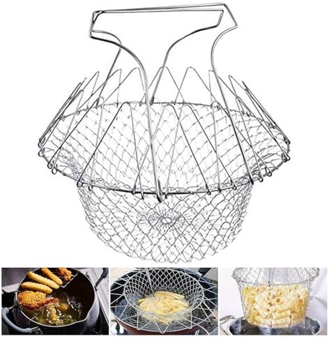 Panier à Frire pour Casserole Acier Inoxydable Pliable en Multi-Fonctions Friteuse Ronde Passoire pour Frites Pommes de Terre Friture Alimentaire Légumes Salades Cuisine Outil de Cuisson