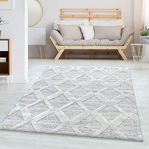 Carpettex Hochflor Teppich Wohnzimmer 3D Optik Hoch-Tief Effekt Boho-Design Flur Teppich Grau 60 x 110 cm - Flauschiger Teppich Schlafzimmer Skandinavische Stil Weicher Teppich Läufer Küchenläufer