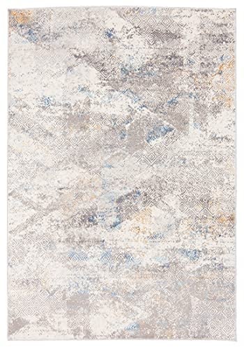 Carpeto Rugs Abstraktes Vintage Teppich - Kurzflor - Weich Teppich für Wohnzimmer, Schlafzimmer, Esszimmer - ÖKO-TEX Wohnzimmerteppich - Teppiche - Creme Blau Grau - 200 x 300 cm