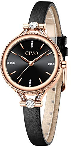 CIVO Montre Femme Noir Slim Ultra Minimaliste Etanche Bracelet à Quartz Analogique Diamant Mode