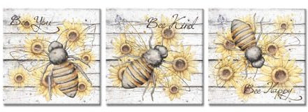 Zlove 3 Stück Vintage Sonnenblume Bienen Tier Insekt Leinwand Wandkunst Honey Bee Be Kind Be Happy Be You Inspirierendes Zitat Kunstwerk für Landwirtschaft Küche Wand Heimdekoration 30,5 x 30,5 cm x