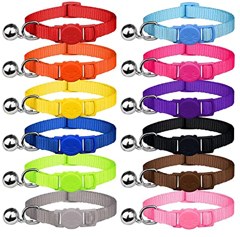Uteuvili Katzenhalsbänder mit Glöckchen, bunt, weiche Sicherheitsschnalle, Katzenhalsbänder, verstellbar, Sicherheitshalsbänder für Katzen, 12 Farben, 12 Stück