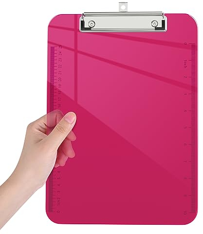 Piasoenc Plastic Clipboards, Translucent Clip Board with Low Profile, Purple Clipboard with Ruler,Office Clipboards, School Supplies, Letter Size 12.5 x 9 Inches, Red
