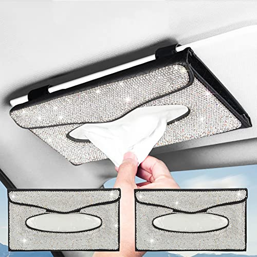 eing Car Sun Visor Tissue Box Holder Bling Crystal Napkin Box PU Leather Backseat Tissue Case Car Accessories for Women, 2 - Pack Black