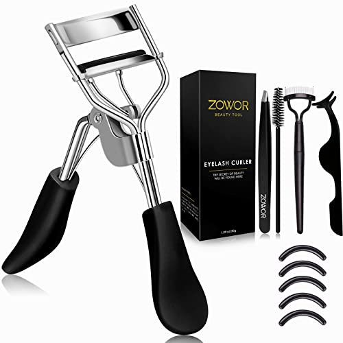 Zowor Wimpernzange mit Kamm und Bürste, passend für alle Augenformen, gebogene Wimpernzange mit 5 Silikon-Nachfüllpads, natürliche und langlebige Wimpernzange für Frauen, Make-up-Geschenk, Schwarz