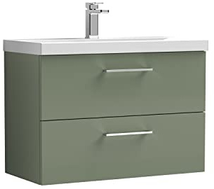nuie ARN826A Arno Modern Bathroom Wall Hung 2 Drawer Vanity Unit with Mid-Edge Ceramic Basin, 800mm, Satin Green