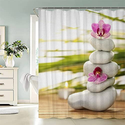KIYAYO Duschvorhang 180x200 cm Zen Stein Duschvorhang Anti-schimmel 3D Motiv Zen-Stein Orchidee Bad-duschvorhang Jugendstil Duschvorhänge Für Badezimmer Mit 12 Ringe