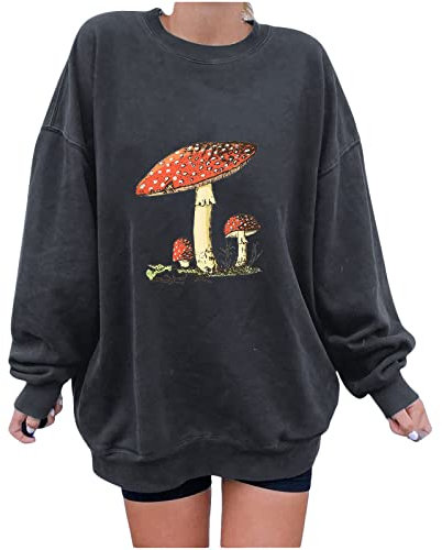 Sweatshirt Damen Oversized Langarm Nette Pilz Muster Lose T-Shirt Lässig Pullover Herbst Winter Shirt ohne Kapuze Locker Sweatshirt Tägliche Tragen Schwarz Top Sport College s-XXL