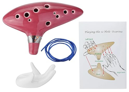 Instrumento Musical de viento de flauta de recipiente de cerámica Ocarina Alto C de 12 agujeros con soporte de exhibición de cordón de libro de música for principiantes (Color : Red)