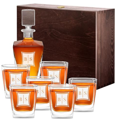 Maverton Whisky Dekanter 800 ml + 6 Whiskygläser mit Gravur - personalisiertes Whisky Decanter Set für Paar zur Hochzeit - zum Hochzeitsjubiläum - zu Weihnachten - Viereck