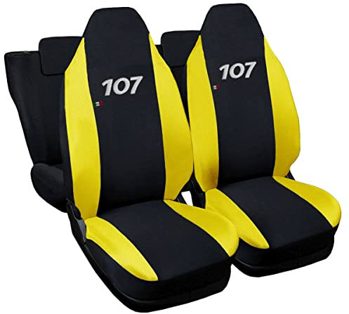 Rebeca Shop® Autositzbezüge mit gesticktem Logo kompatibel für 107 mit geteilten Rücksitzen, 6er-Set (schwarz/gelb)