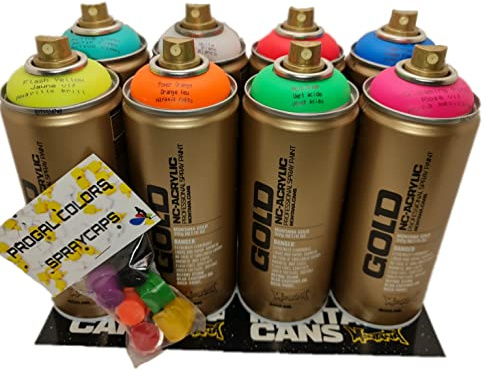 PROGAL COLORS Montana Cans - Montana Gold - Set di 8 Colori Fluorescenti Neon 400 ml e 6 Testine di Ricambio - Vernice Spray UV, Brillano con Luce Nera