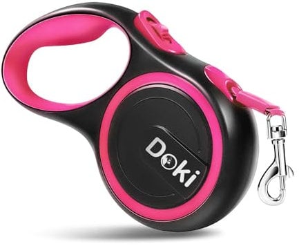 DOKI Retractable Dog Lead, 5m/16FT Reflective Strong Nylon Tape Ribbon Leash, One-Button Brake&Lock Extendable Dog Lead for Small Medium Dogs (Pink)