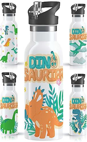 OWLBOOK® Dino Edelstahl Trinkflasche Kinder | Wasserflasche mit Strohhalm | 600 ml | Sportdeckel | Spülmaschinenfest | Schule | Schulanfang Jungen Geschenke Einschulung Junge | Baby Triceratops
