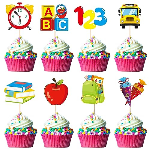 32 Stück Back to School Cupcake Toppers 8 Designs Erster Schultag Tortendeko Alphabet Wecker Schule Tasche Kuchen Deko für Willkommen zurück zu Schule Thema Party Cupcake Dekorationen