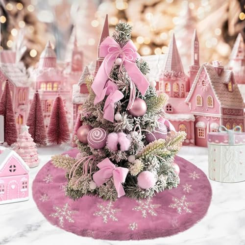 yuboo Mini Pink Christmas Tree Skirt 24 inches, Fluffy Fur Candy Tree Skirt Small for 2-3 Foot Tree Pink Christmas Table Decorations Home Decor