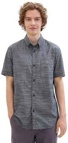 TOM TAILOR Denim Herren Sommer Kurzarm-Hemd mit Brusttasche, navy green white structure, M