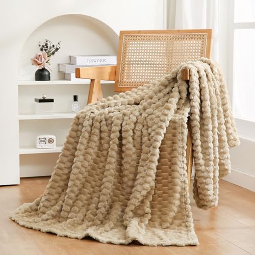 Beige Throw Blanket 50×60 inches Fuzzy 3D Jacquard Decorative Flannel Fleece Super Soft Plush Cozy Blanket for Couch Sofa Chair Lightweight,Khaki