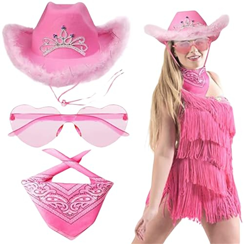 HIQIU 3 Stück Cowboy Hut pink Damen Set, Cowgirl Hut Damen mit Bandana Partybrille Accessoires Für Wilder Westen Kostü Karneval Mottoparty